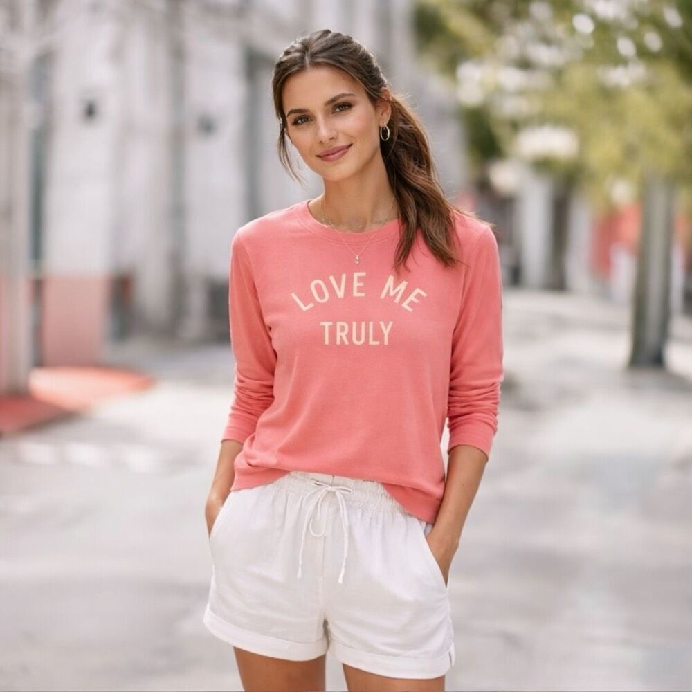 Sundry Love Me Truly Sweatshirt XS Coral Graphic Pullover Soft Knit Top